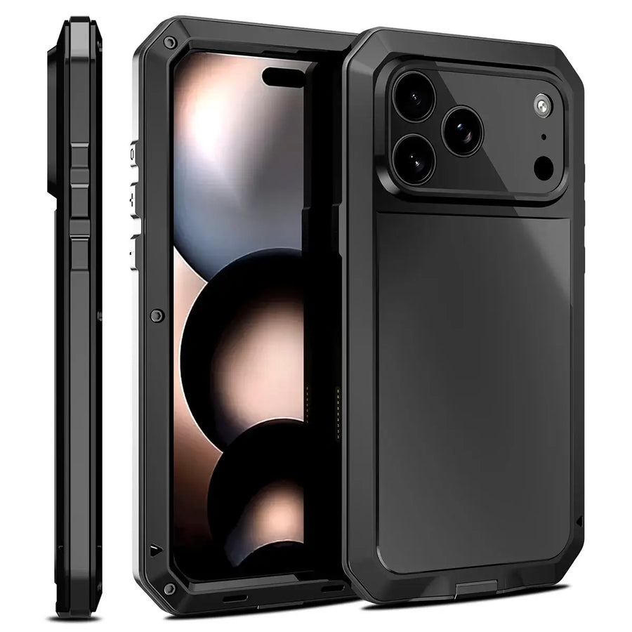 Buy Classic Full Body Metal Armor Phone Case, with Screen Protector, Heavy Duty Defender Shockproof Case - TANKER at Caseles-iPhone 17 Pro Max, Black