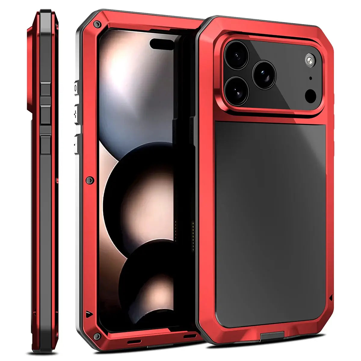 Buy Classic Full Body Metal Armor Phone Case, with Screen Protector, Heavy Duty Defender Shockproof Case - TANKER at Caseles-iPhone 17 Pro Max, Red