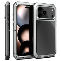 Buy Classic Full Body Metal Armor Phone Case, with Screen Protector, Heavy Duty Defender Shockproof Case - TANKER at Caseles-iPhone 17 Pro Max, Silver