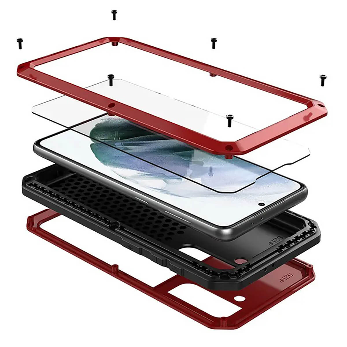 Buy Classic Full Body Metal Armor Phone Case, with Screen Protector, Heavy Duty Defender Shockproof Case - Theo at Caseles-Samsung Galaxy S25 Ultra, Red