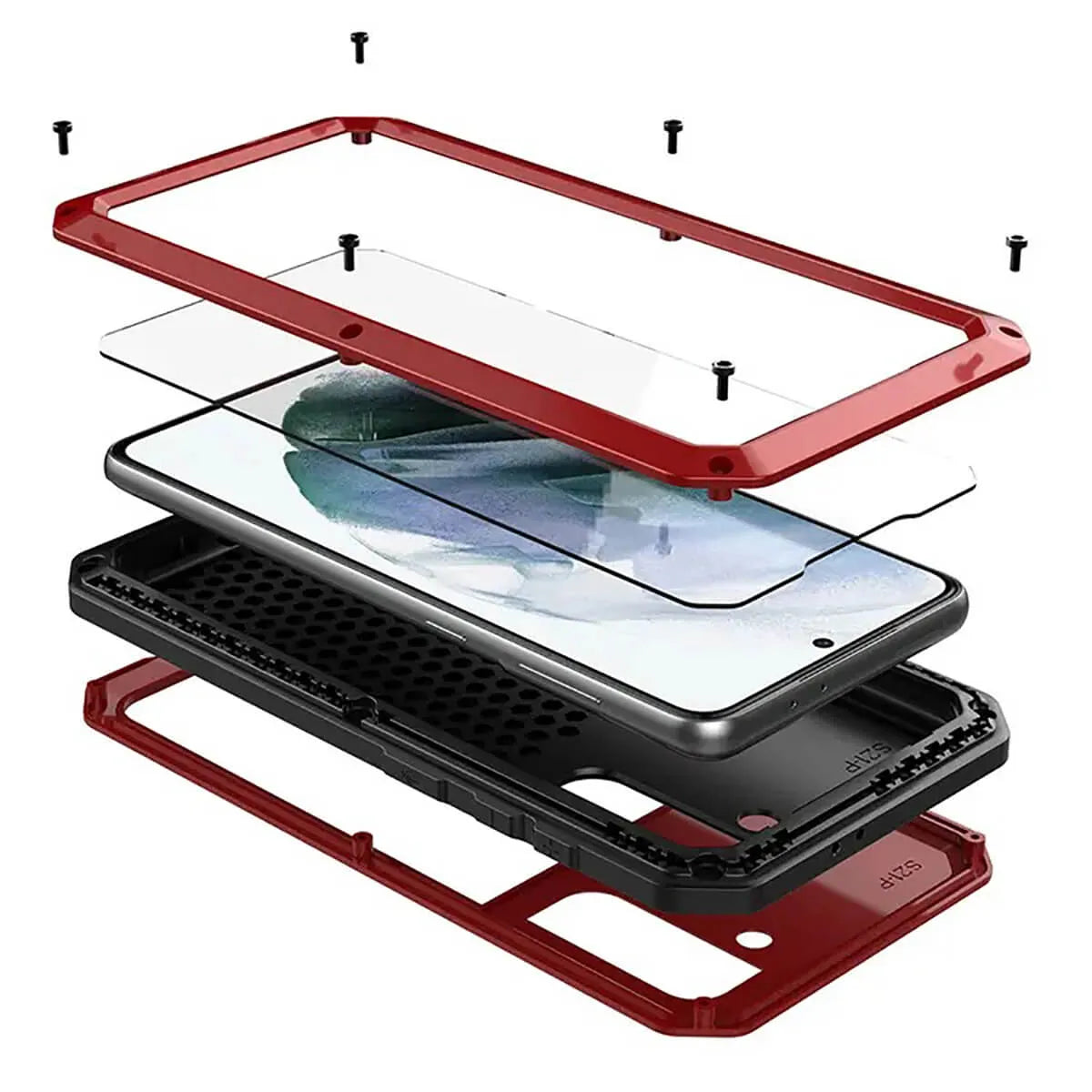 Buy Classic Full Body Metal Armor Phone Case, with Screen Protector, Heavy Duty Defender Shockproof Case - Theo at Caseles-Samsung Galaxy S25 Ultra, Red