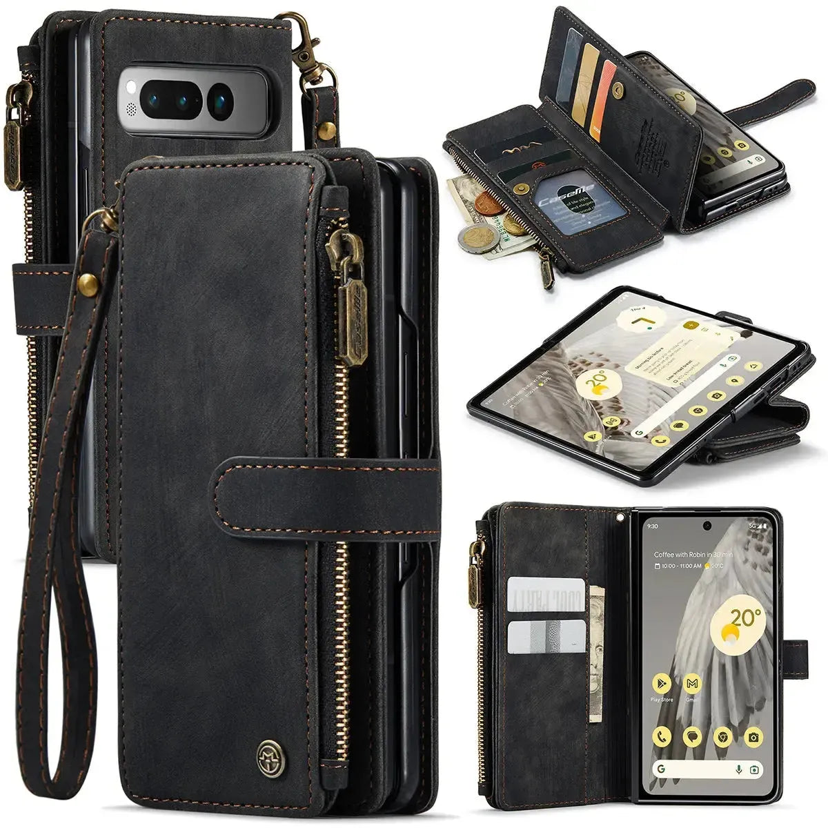 Buy Zipper Flip Folio Wallet Phone Case, Premium Leather Cover with Card Slots Cash Pocket Magnetic Closure and Kickstand,Devy at Caseles-Google Pixel 9 Pro Fold, Black