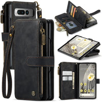 Buy Zipper Flip Folio Wallet Phone Case, Premium Leather Cover with Card Slots Cash Pocket Magnetic Closure and Kickstand,Devy at Caseles-Google Pixel 9 Pro Fold, Black