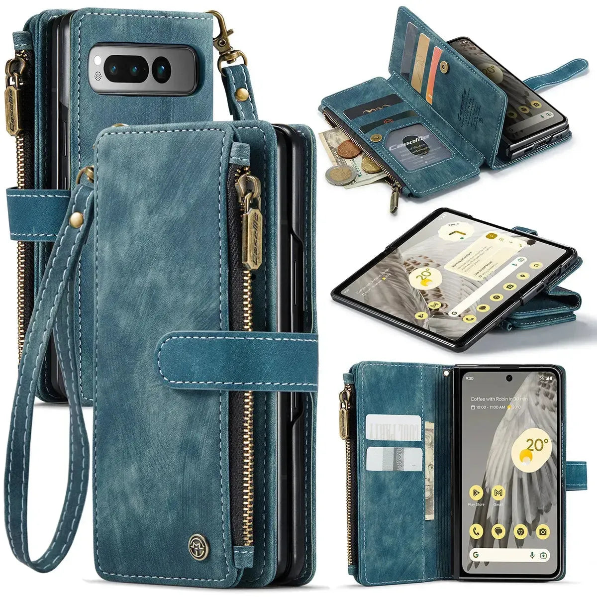 Buy Zipper Flip Folio Wallet Phone Case, Premium Leather Cover with Card Slots Cash Pocket Magnetic Closure and Kickstand,Devy at Caseles-Google Pixel 9 Pro Fold, Blue