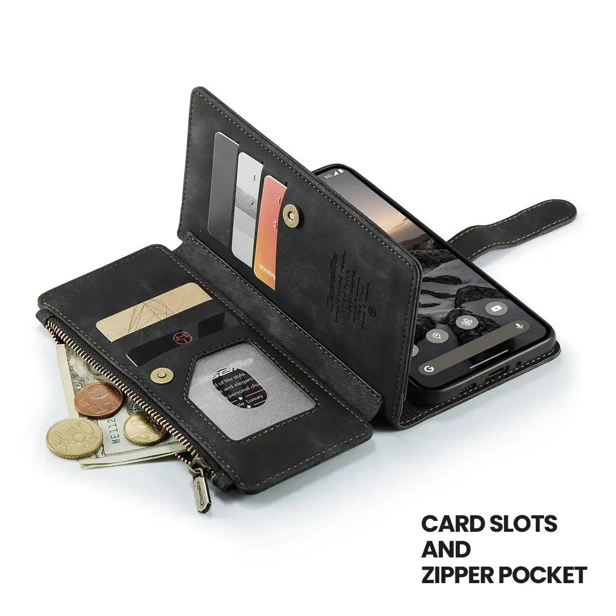 Buy Zipper Flip Folio Wallet Phone Case, Premium Leather Cover with Card Slots Cash Pocket Magnetic Closure and Kickstand,Devy at Caseles-Google Pixel 9 Pro XL, Brown