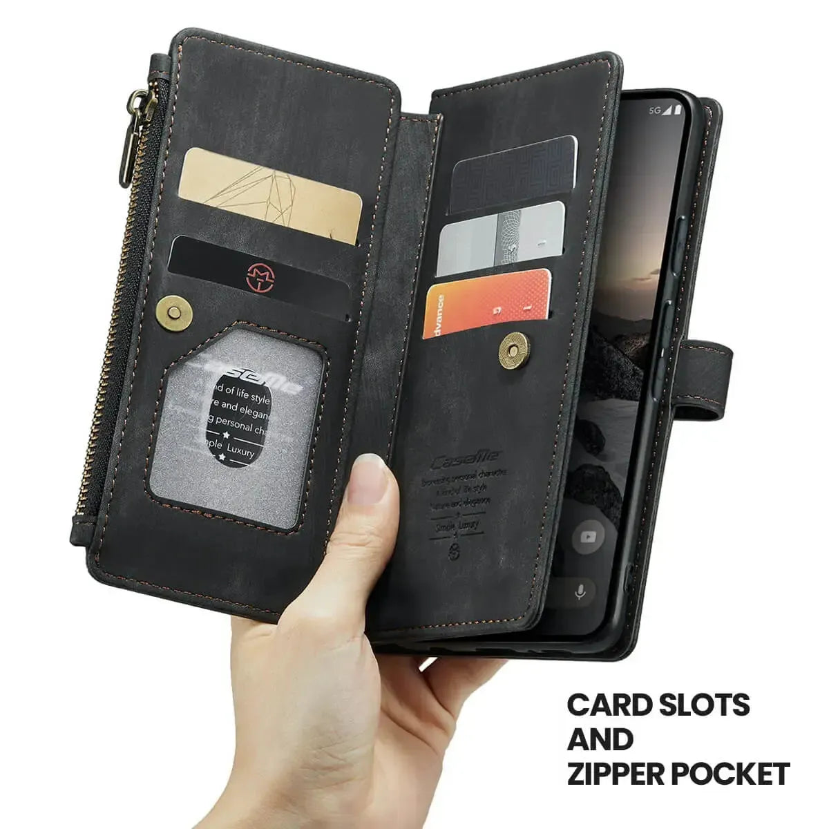 Buy Zipper Flip Folio Wallet Phone Case, Premium Leather Cover with Card Slots Cash Pocket Magnetic Closure and Kickstand,Devy at Caseles-Google Pixel 9 Pro XL, Brown