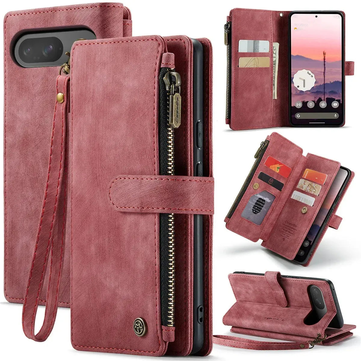 Buy Zipper Flip Folio Wallet Phone Case, Premium Leather Cover with Card Slots Cash Pocket Magnetic Closure and Kickstand,Devy at Caseles-Google Pixel 9 Pro XL, Red