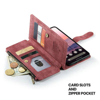 Buy Zipper Flip Folio Wallet Phone Case, Premium Leather Cover with Card Slots Cash Pocket Magnetic Closure and Kickstand,Devy at Caseles-Google Pixel 9 Pro XL, Brown