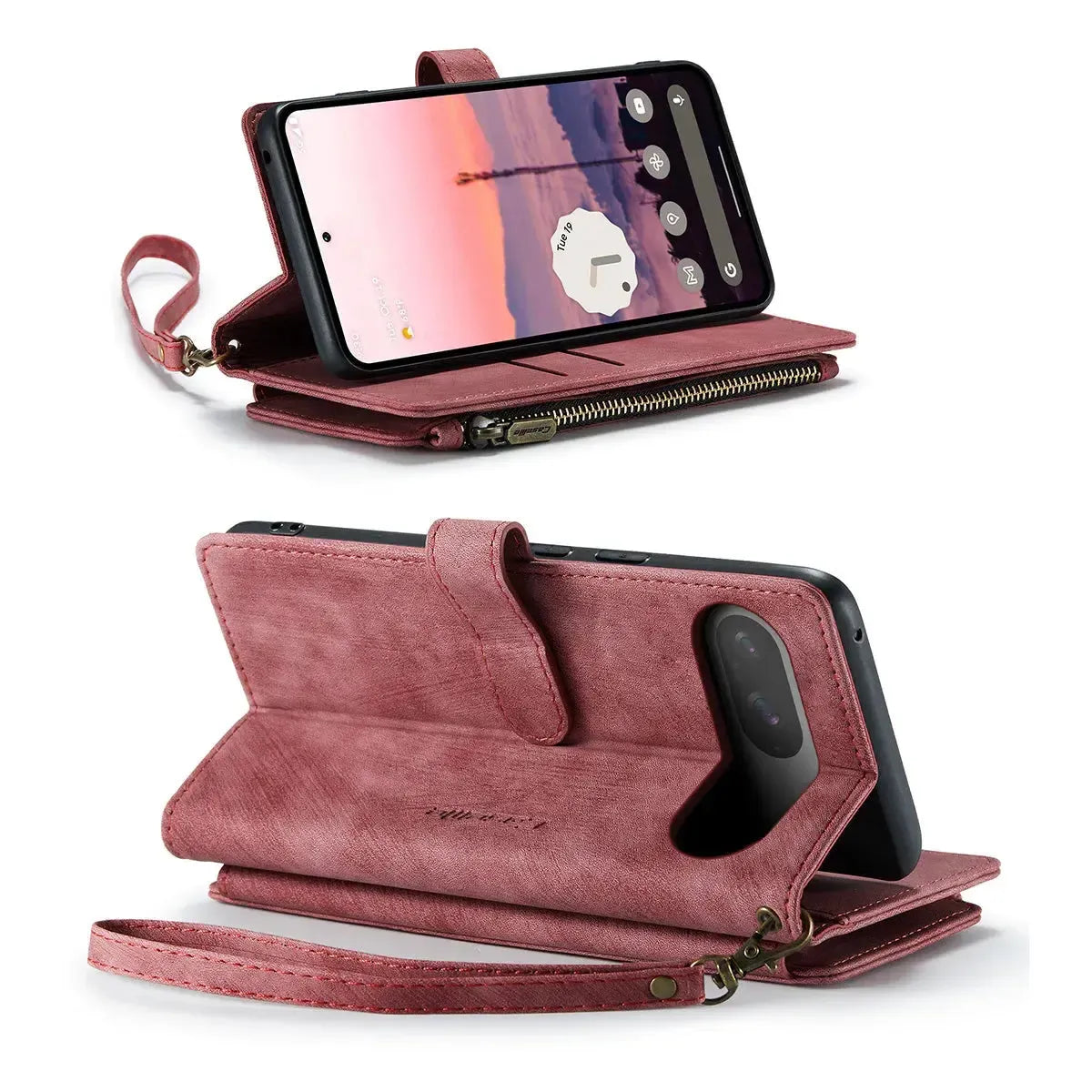 Buy Zipper Flip Folio Wallet Phone Case, Premium Leather Cover with Card Slots Cash Pocket Magnetic Closure and Kickstand,Devy at Caseles-Google Pixel 9 Pro XL, Brown
