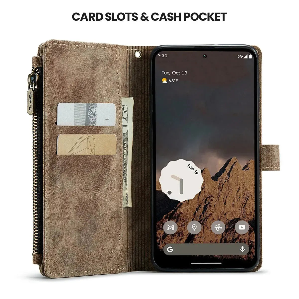 Buy Zipper Flip Folio Wallet Phone Case, Premium Leather Cover with Card Slots Cash Pocket Magnetic Closure and Kickstand,Devy at Caseles-Google Pixel 9 Pro XL, Brown