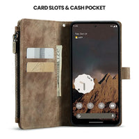 Buy Zipper Flip Folio Wallet Phone Case, Premium Leather Cover with Card Slots Cash Pocket Magnetic Closure and Kickstand,Devy at Caseles-Google Pixel 9 Pro XL, Brown