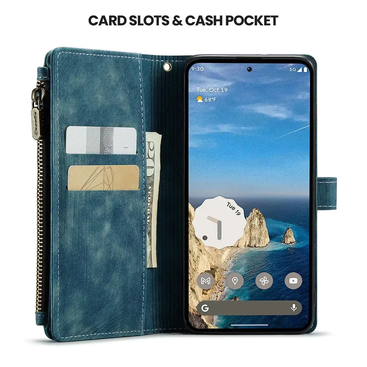 Buy Zipper Flip Folio Wallet Phone Case, Premium Leather Cover with Card Slots Cash Pocket Magnetic Closure and Kickstand,Devy at Caseles-Google Pixel 9 Pro XL, Brown
