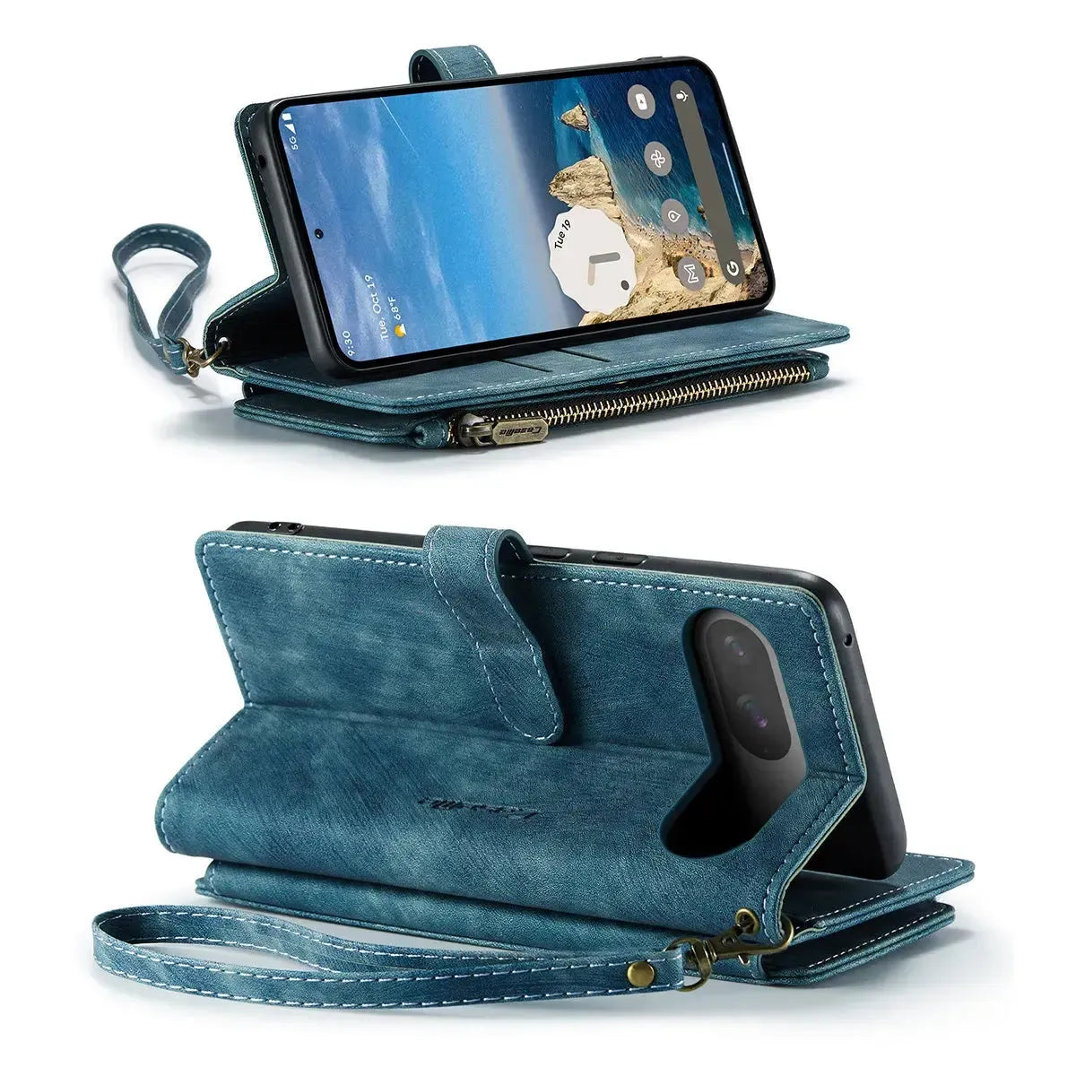 Buy Zipper Flip Folio Wallet Phone Case, Premium Leather Cover with Card Slots Cash Pocket Magnetic Closure and Kickstand,Devy at Caseles-Google Pixel 9 Pro XL, Brown