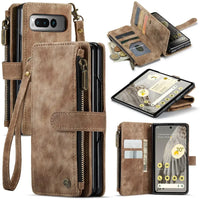 Buy Zipper Flip Folio Wallet Phone Case, Premium Leather Cover with Card Slots Cash Pocket Magnetic Closure and Kickstand,Devy at Caseles-Google Pixel 9 Pro Fold, Brown
