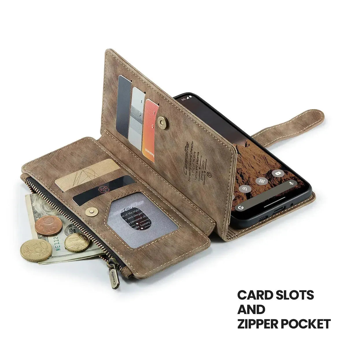 Buy Zipper Flip Folio Wallet Phone Case, Premium Leather Cover with Card Slots Cash Pocket Magnetic Closure and Kickstand,Devy at Caseles-Google Pixel 9 Pro XL, Brown