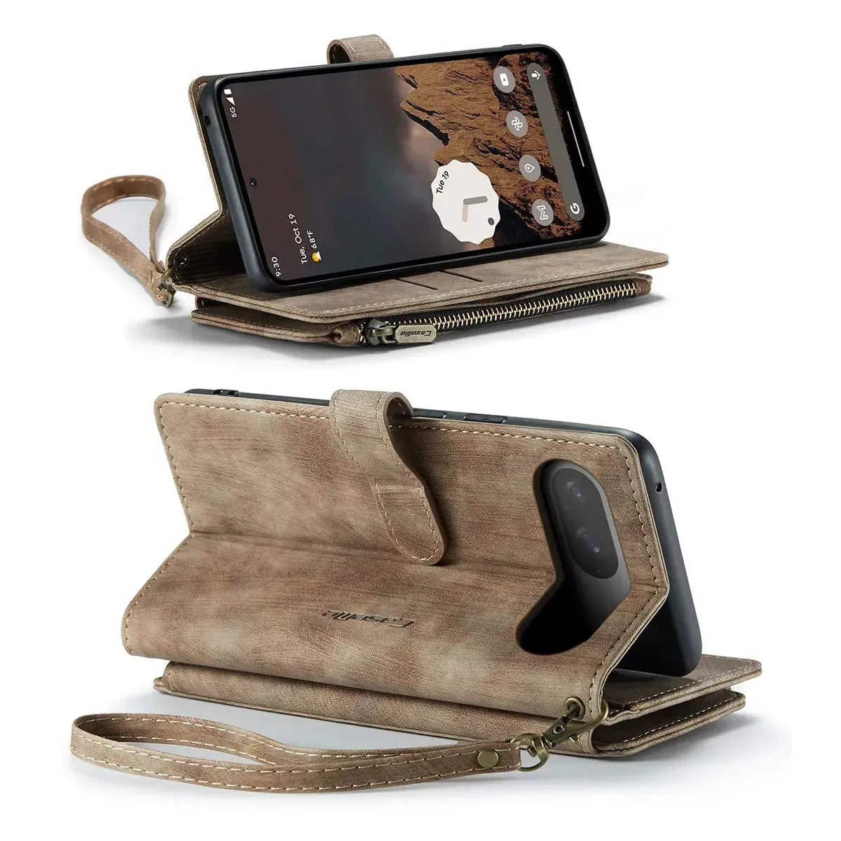 Buy Zipper Flip Folio Wallet Phone Case, Premium Leather Cover with Card Slots Cash Pocket Magnetic Closure and Kickstand,Devy at Caseles-Google Pixel 9 Pro XL, Brown