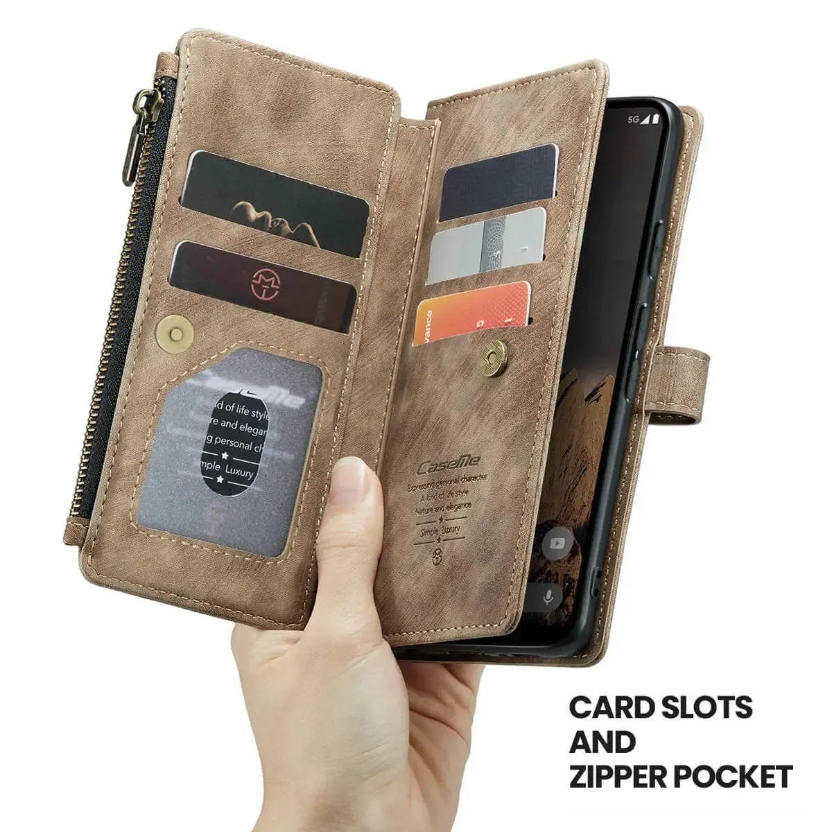 Buy Zipper Flip Folio Wallet Phone Case, Premium Leather Cover with Card Slots Cash Pocket Magnetic Closure and Kickstand,Devy at Caseles-Google Pixel 9 Pro XL, Brown