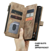 Buy Zipper Flip Folio Wallet Phone Case, Premium Leather Cover with Card Slots Cash Pocket Magnetic Closure and Kickstand,Devy at Caseles-Google Pixel 9 Pro XL, Brown