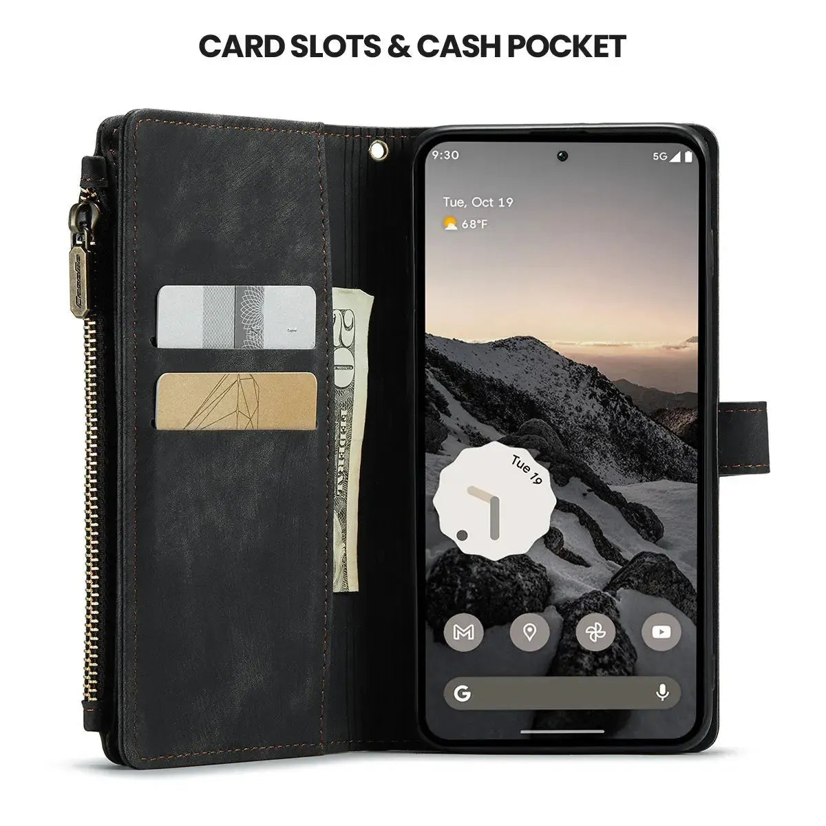 Buy Zipper Flip Folio Wallet Phone Case, Premium Leather Cover with Card Slots Cash Pocket Magnetic Closure and Kickstand,Devy at Caseles-Google Pixel 9 Pro XL, Brown