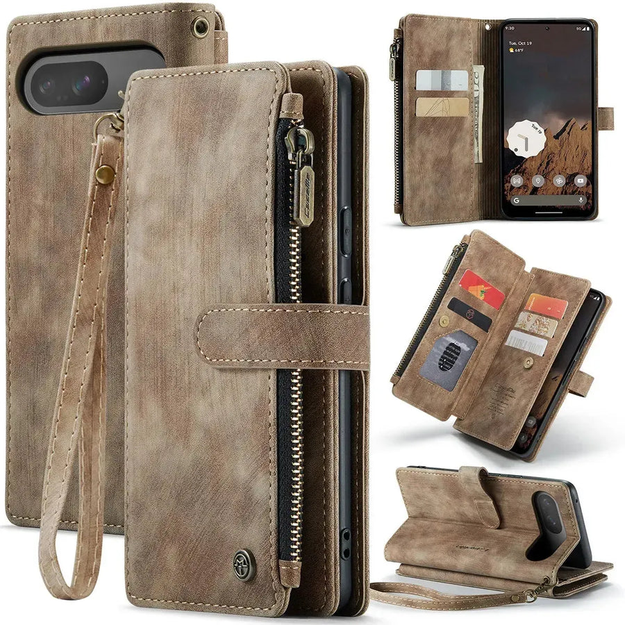 Buy Zipper Flip Folio Wallet Phone Case, Premium Leather Cover with Card Slots Cash Pocket Magnetic Closure and Kickstand,Devy at Caseles-Google Pixel 9 Pro XL, Brown