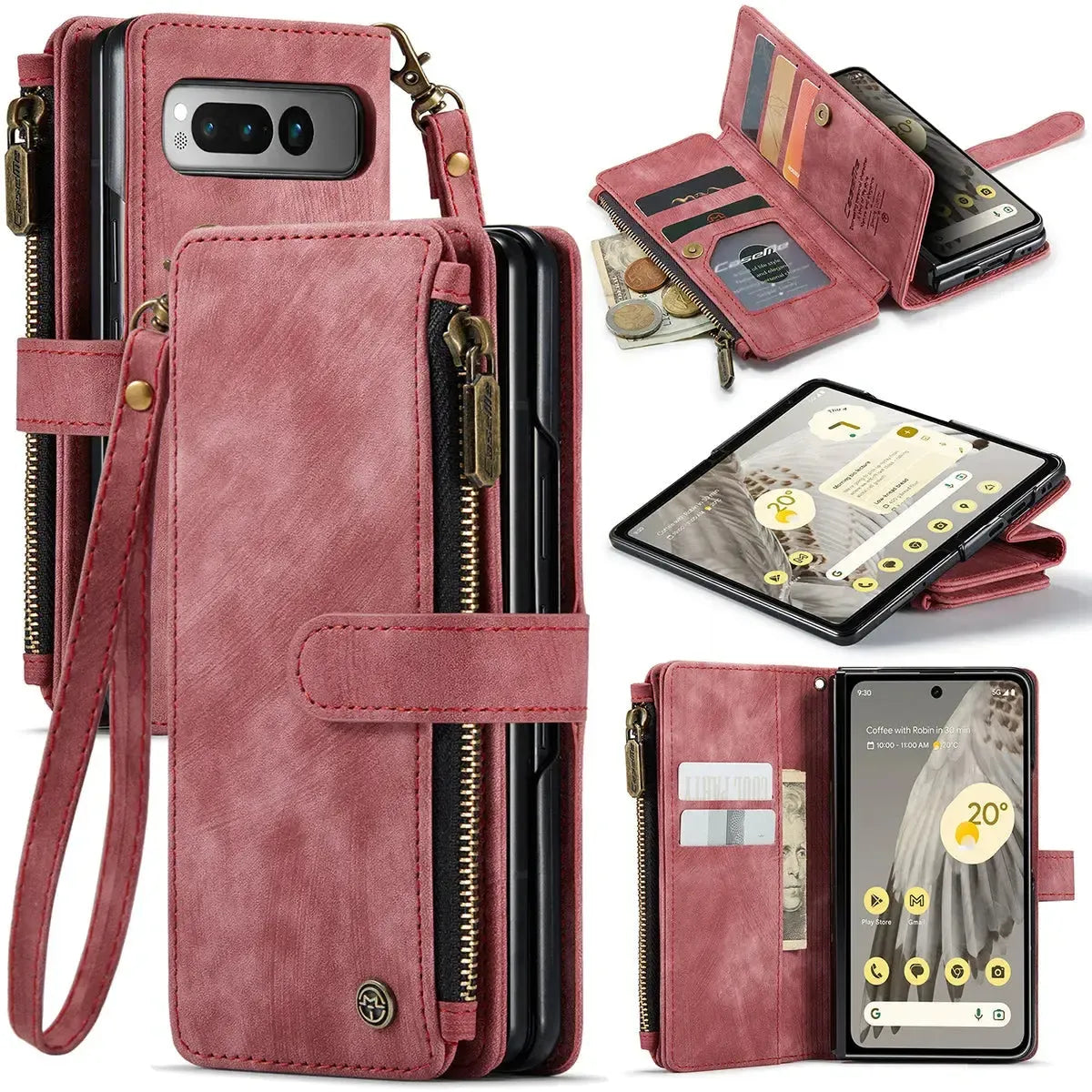 Buy Zipper Flip Folio Wallet Phone Case, Premium Leather Cover with Card Slots Cash Pocket Magnetic Closure and Kickstand,Devy at Caseles-Google Pixel 9 Pro Fold, Red