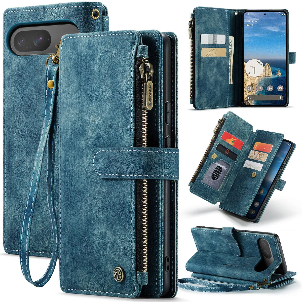 Buy Zipper Flip Folio Wallet Phone Case, Premium Leather Cover with Card Slots Cash Pocket Magnetic Closure and Kickstand,Devy at Caseles-Google Pixel 9 Pro XL, Blue