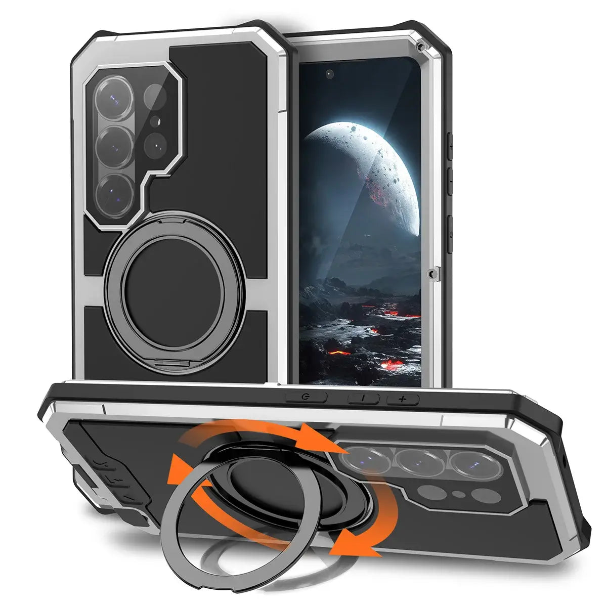 Buy 360° Rotating Magnetic Kickstand Case, Galaxy S26 Full-Body Armor, Integrated Lens Guard & Wireless Charging - TITAN at Caseles-Samsung Galaxy S26 Ultra, Silver