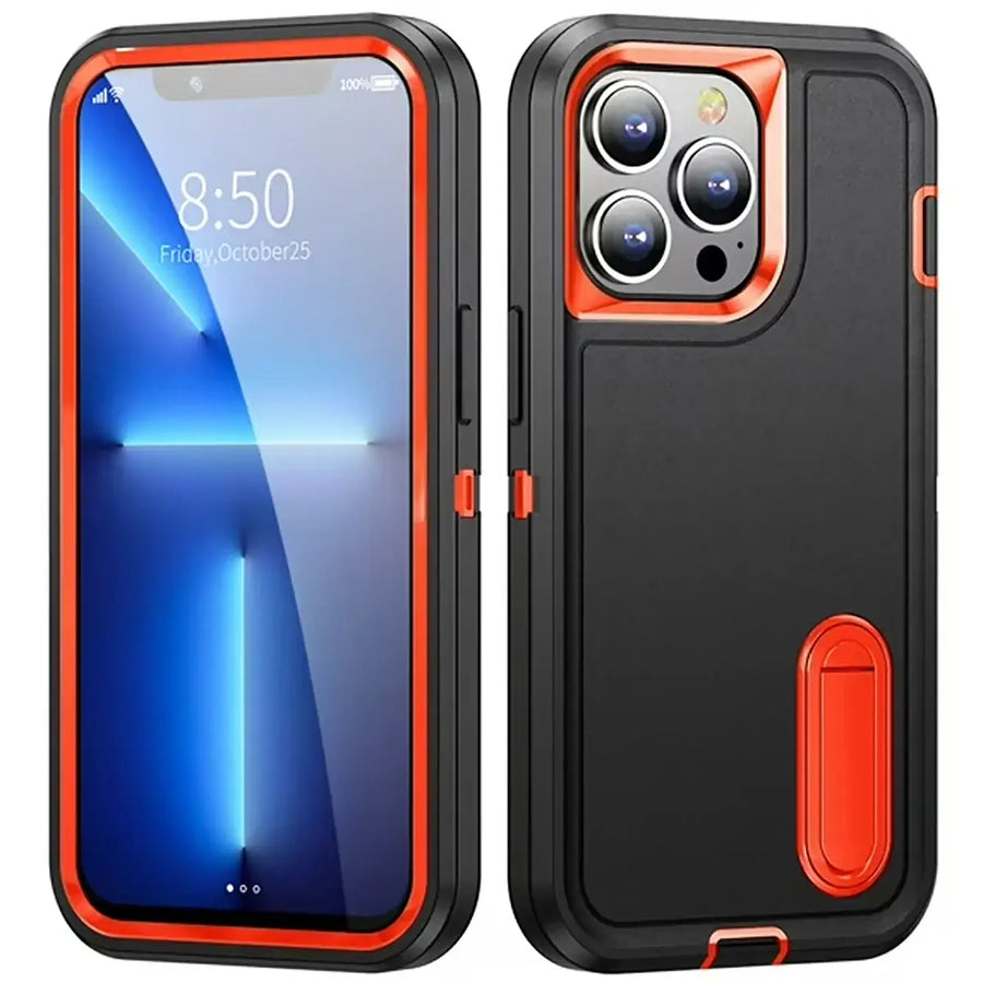 Buy 3 in 1 Full Cover Shockproof iPhone Case with Stand, Hard Shell, Fashionable Colors - TRINITY at Caseles-iPhone 17 Pro Max, Black Orange