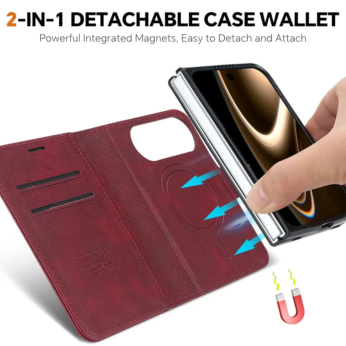 Buy MagSafe Compatible Leather Flip Wallet with RFID Blocking, 2 Card Slots, 1 Cash Slot & Detachable Magnetic Phone Cover for iPhone Duo - VALEN at Caseles-iPhone Duo, Black