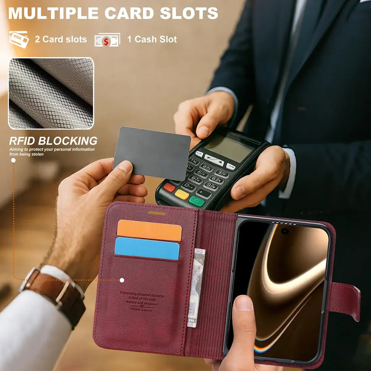 Buy MagSafe Compatible Leather Flip Wallet with RFID Blocking, 2 Card Slots, 1 Cash Slot & Detachable Magnetic Phone Cover for iPhone Duo - VALEN at Caseles-iPhone Duo, Black