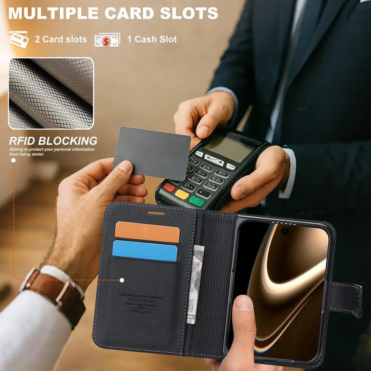 Buy MagSafe Compatible Leather Flip Wallet with RFID Blocking, 2 Card Slots, 1 Cash Slot & Detachable Magnetic Phone Cover for iPhone Duo - VALEN at Caseles-iPhone Duo, Black