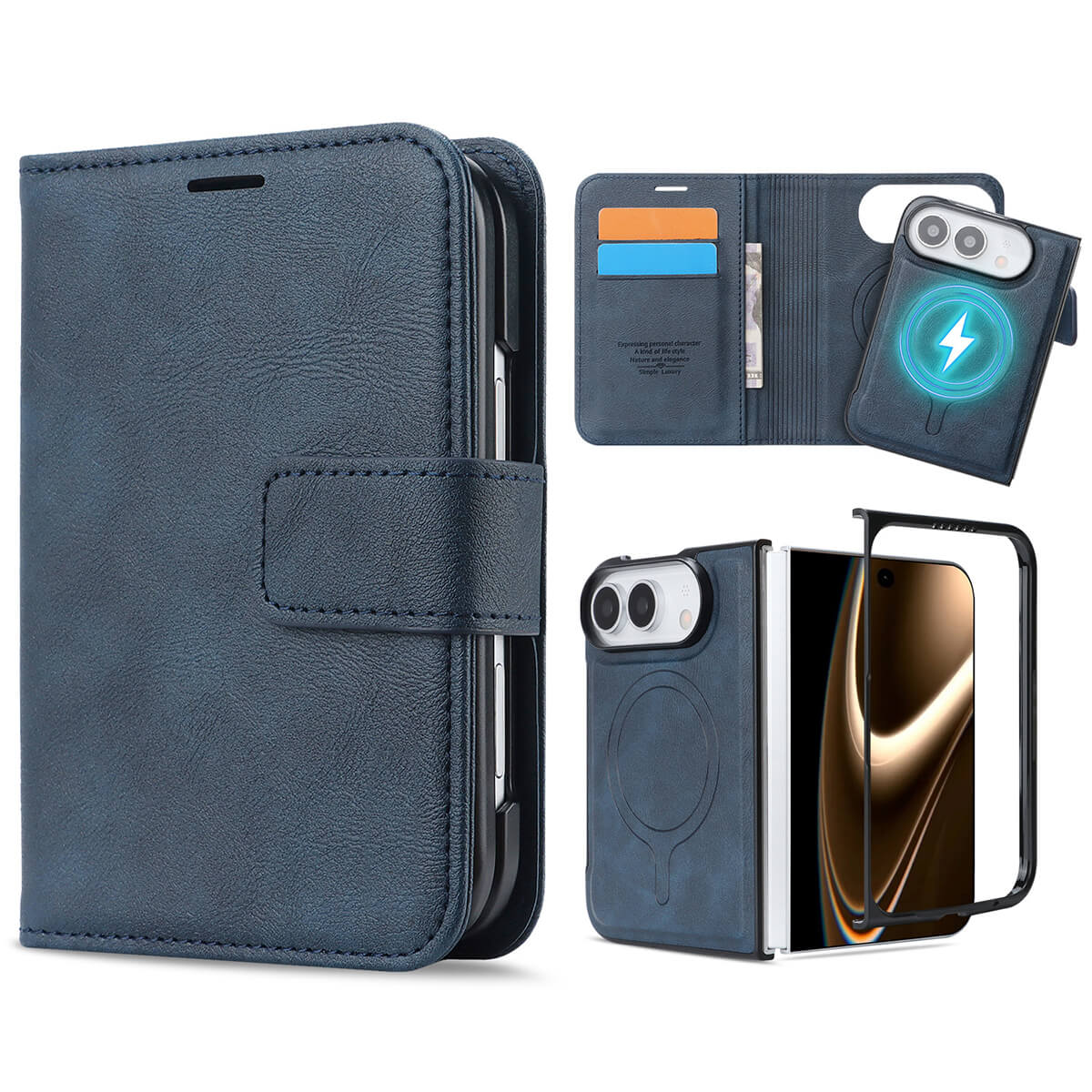 Buy MagSafe Compatible Leather Flip Wallet with RFID Blocking, 2 Card Slots, 1 Cash Slot & Detachable Magnetic Phone Cover for iPhone Duo - VALEN at Caseles-iPhone Duo, Blue