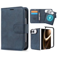 Buy MagSafe Compatible Leather Flip Wallet with RFID Blocking, 2 Card Slots, 1 Cash Slot & Detachable Magnetic Phone Cover for iPhone Duo - VALEN at Caseles-iPhone Duo, Blue