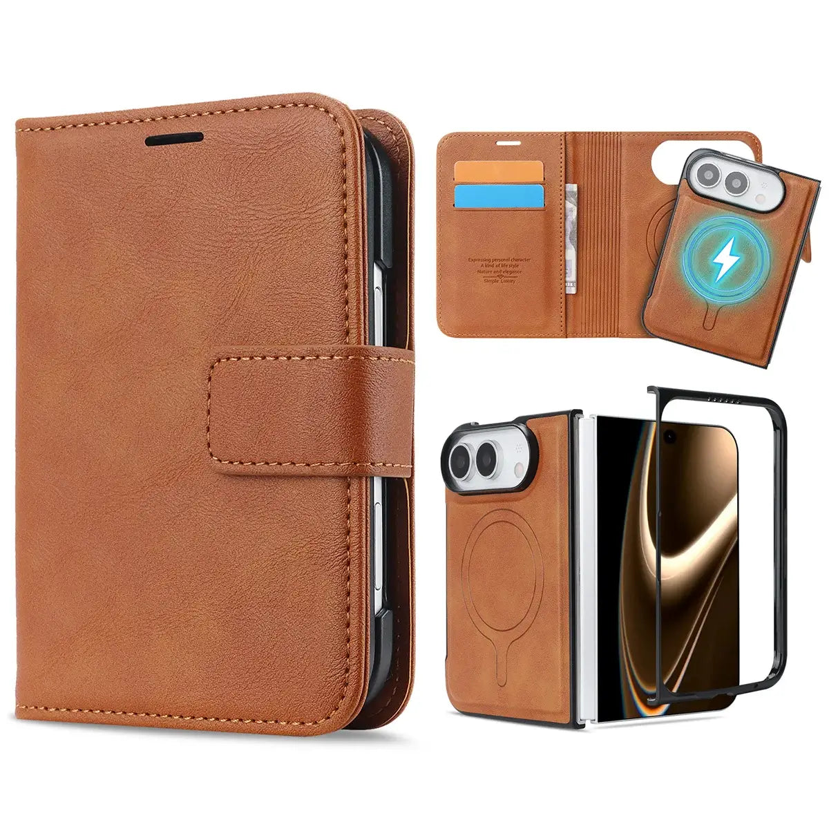 Buy MagSafe Compatible Leather Flip Wallet with RFID Blocking, 2 Card Slots, 1 Cash Slot & Detachable Magnetic Phone Cover for iPhone Duo - VALEN at Caseles-iPhone Duo, Brown