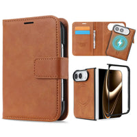Buy MagSafe Compatible Leather Flip Wallet with RFID Blocking, 2 Card Slots, 1 Cash Slot & Detachable Magnetic Phone Cover for iPhone Duo - VALEN at Caseles-iPhone Duo, Brown