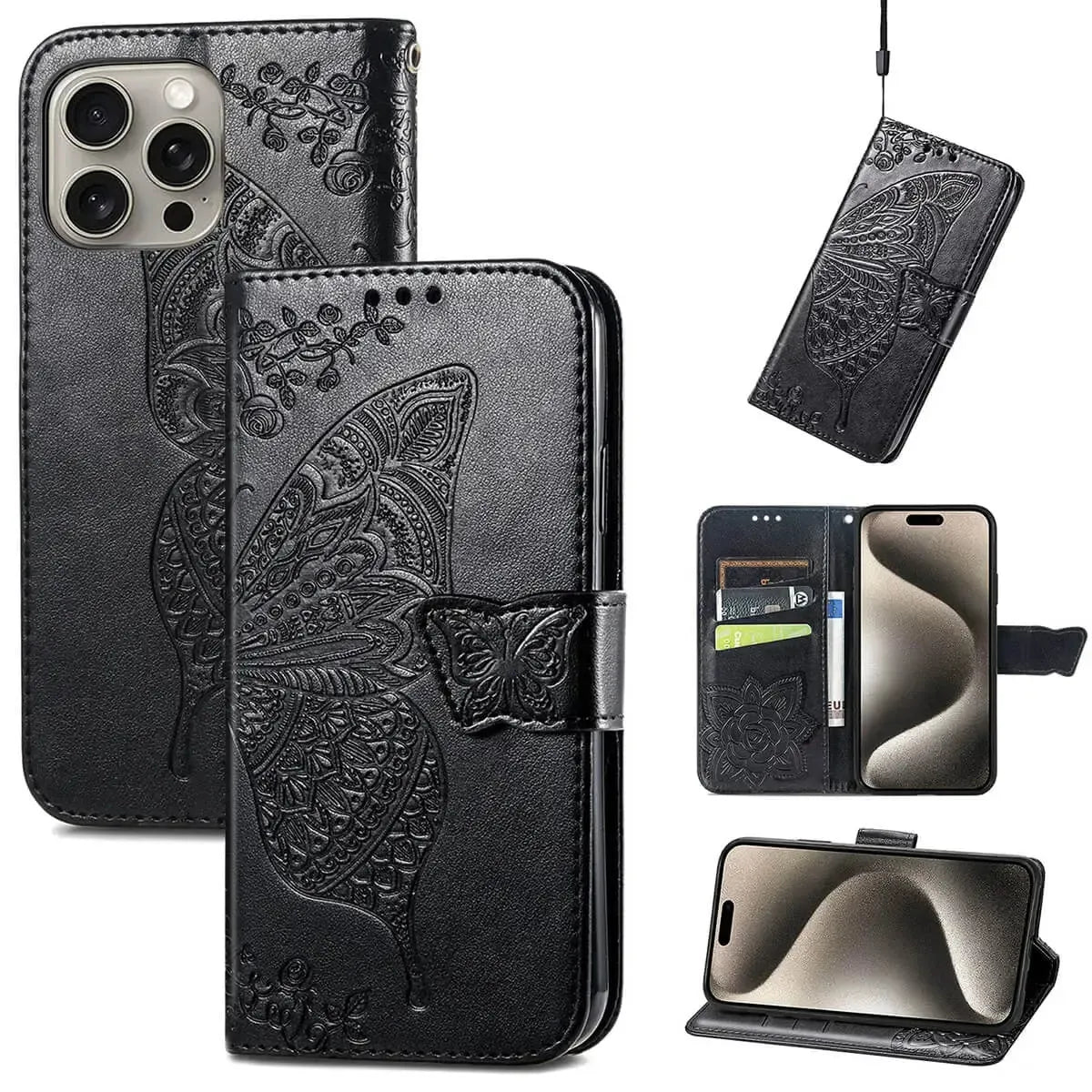 Buy Wallet Case for iPhone, Leather Flip Cover with Card Slots, Wrist Strap, Butterfly Embossed Design, Stand Feature - VANNY at Caseles-iPhone 16 Pro Max, Black