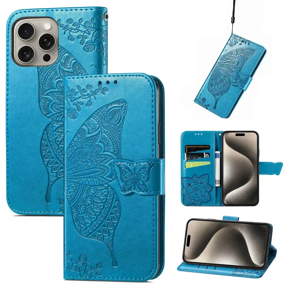 Buy Wallet Case for iPhone, Leather Flip Cover with Card Slots, Wrist Strap, Butterfly Embossed Design, Stand Feature - VANNY at Caseles-iPhone 16 Pro Max, Blue