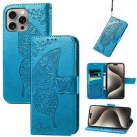 Buy Wallet Case for iPhone, Leather Flip Cover with Card Slots, Wrist Strap, Butterfly Embossed Design, Stand Feature - VANNY at Caseles-iPhone 16 Pro Max, Blue