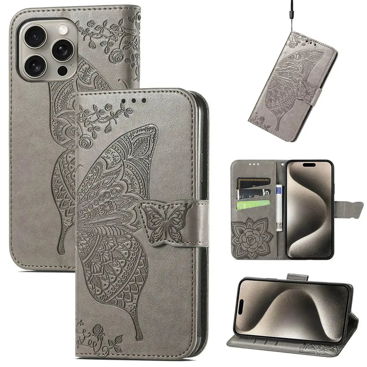 Buy Wallet Case for iPhone, Leather Flip Cover with Card Slots, Wrist Strap, Butterfly Embossed Design, Stand Feature - VANNY at Caseles-iPhone 16 Pro Max, Grey