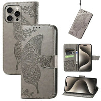 Buy Wallet Case for iPhone, Leather Flip Cover with Card Slots, Wrist Strap, Butterfly Embossed Design, Stand Feature - VANNY at Caseles-iPhone 16 Pro Max, Grey