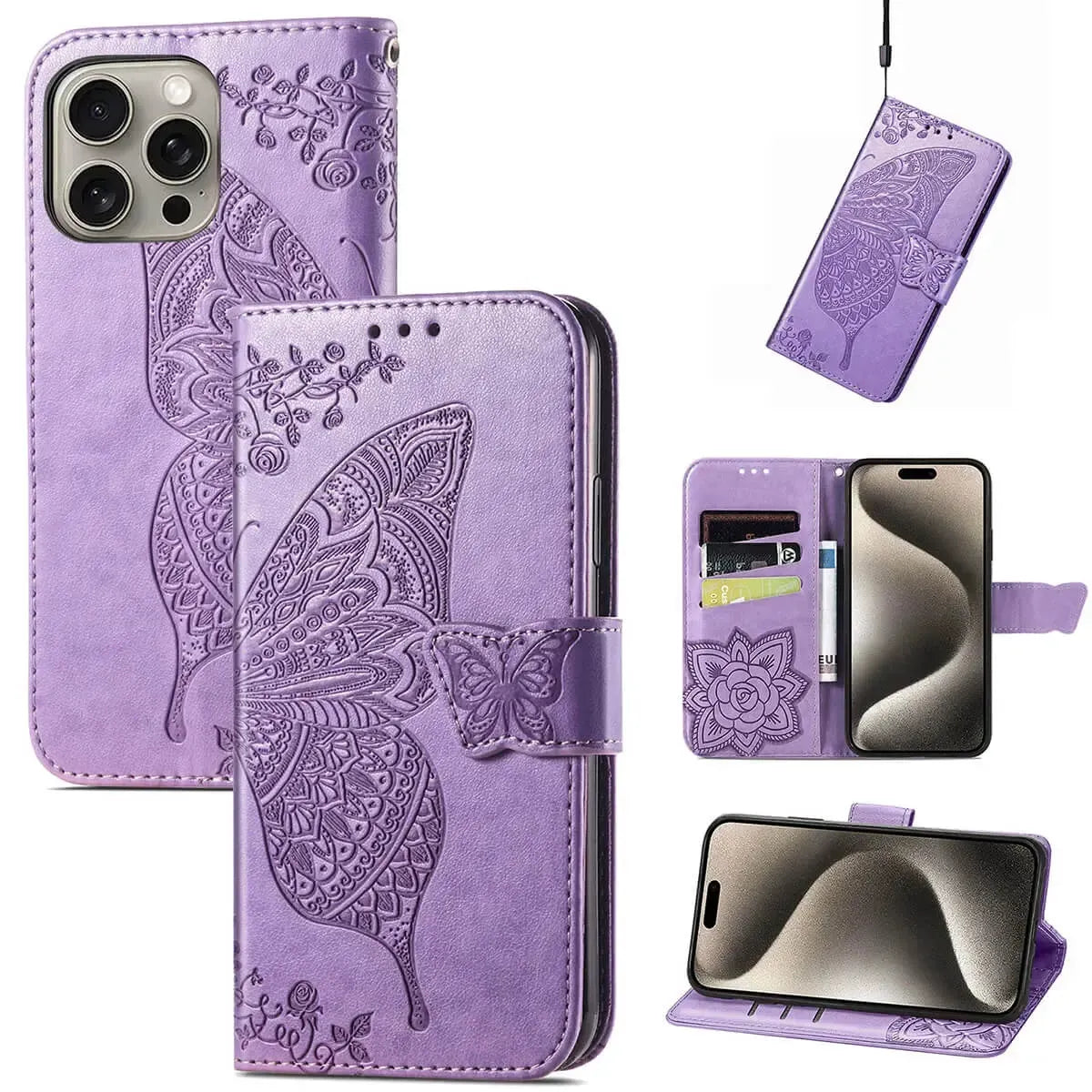 Buy Wallet Case for iPhone, Leather Flip Cover with Card Slots, Wrist Strap, Butterfly Embossed Design, Stand Feature - VANNY at Caseles-iPhone 16 Pro Max, Purple