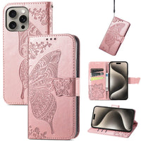 Buy Wallet Case for iPhone, Leather Flip Cover with Card Slots, Wrist Strap, Butterfly Embossed Design, Stand Feature - VANNY at Caseles-iPhone 16 Pro Max, Pink