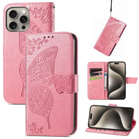 Buy Wallet Case for iPhone, Leather Flip Cover with Card Slots, Wrist Strap, Butterfly Embossed Design, Stand Feature - VANNY at Caseles-iPhone 16 Pro Max, Pink