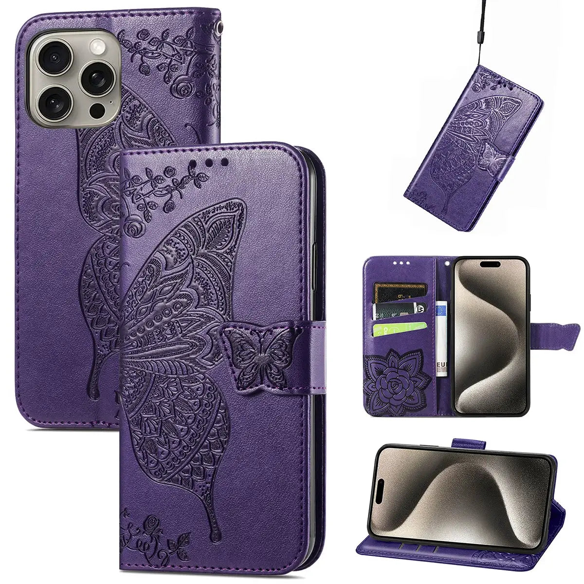 Buy Wallet Case for iPhone, Leather Flip Cover with Card Slots, Wrist Strap, Butterfly Embossed Design, Stand Feature - VANNY at Caseles-iPhone 16 Pro Max, Purple