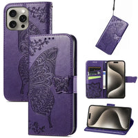 Buy Wallet Case for iPhone, Leather Flip Cover with Card Slots, Wrist Strap, Butterfly Embossed Design, Stand Feature - VANNY at Caseles-iPhone 16 Pro Max, Purple