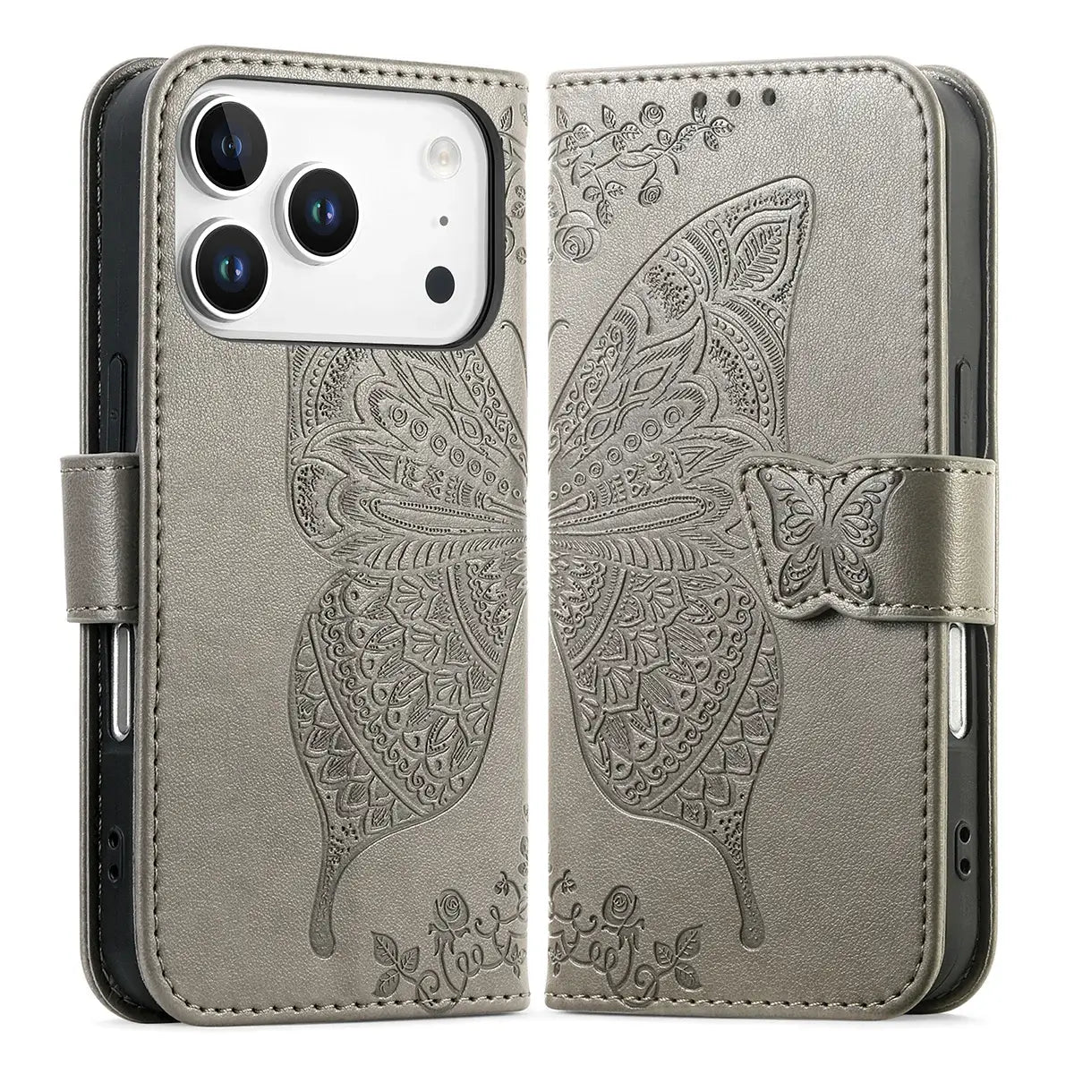 Buy Wallet Case for iPhone, Leather Flip Cover with Card Slots, Wrist Strap, Butterfly Embossed Design, Stand Feature - VANNY at Caseles-iPhone 17 Pro Max, Black