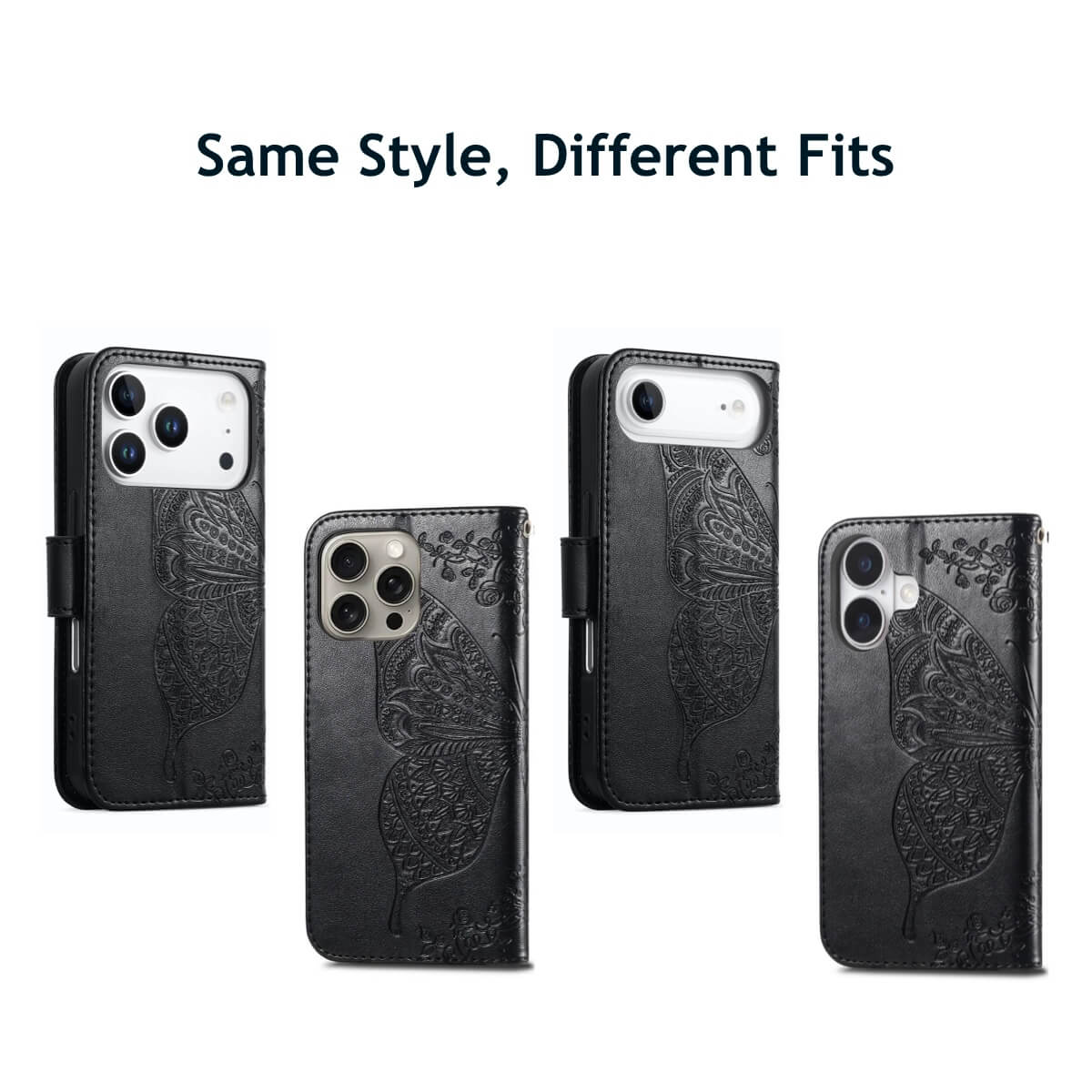 Buy Wallet Case for iPhone, Leather Flip Cover with Card Slots, Wrist Strap, Butterfly Embossed Design, Stand Feature - VANNY at Caseles-iPhone 17 Pro Max, Black