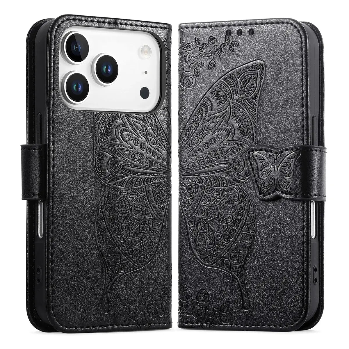 Buy Wallet Case for iPhone, Leather Flip Cover with Card Slots, Wrist Strap, Butterfly Embossed Design, Stand Feature - VANNY at Caseles-iPhone 17 Pro Max, Black