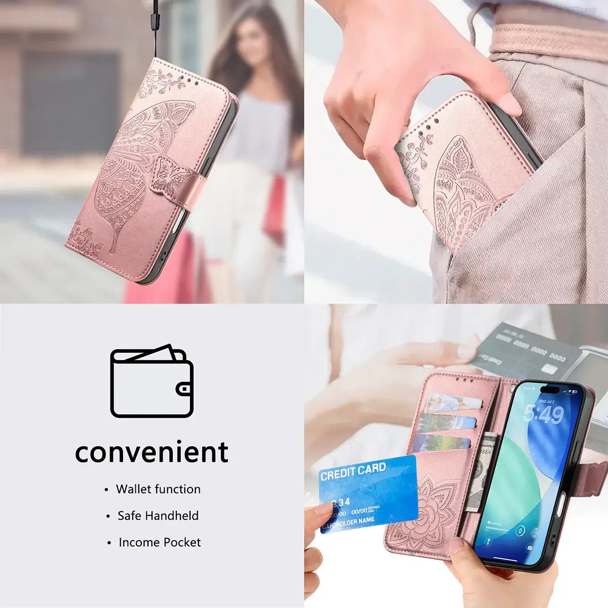 Buy Wallet Case for iPhone, Leather Flip Cover with Card Slots, Wrist Strap, Butterfly Embossed Design, Stand Feature - VANNY at Caseles-iPhone 17 Pro Max, Black