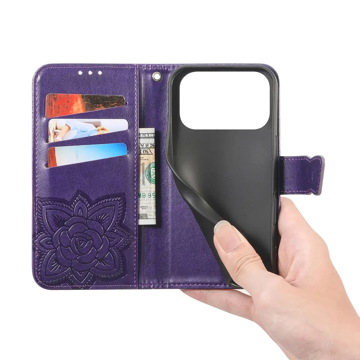 Buy Wallet Case for iPhone, Leather Flip Cover with Card Slots, Wrist Strap, Butterfly Embossed Design, Stand Feature - VANNY at Caseles-iPhone 17 Pro Max, Black